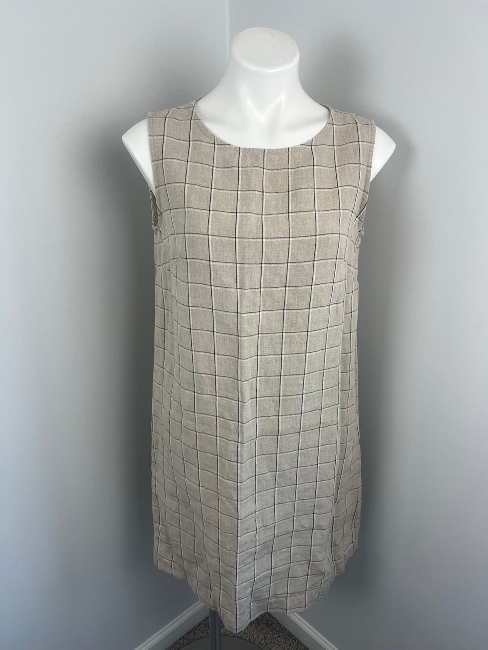 Linenfox Tan Black Check Print Sheath Dress Medium